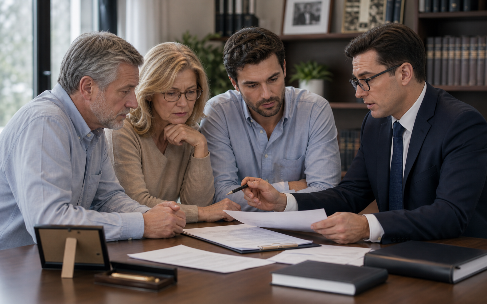 Familia revisando documentos de herencia