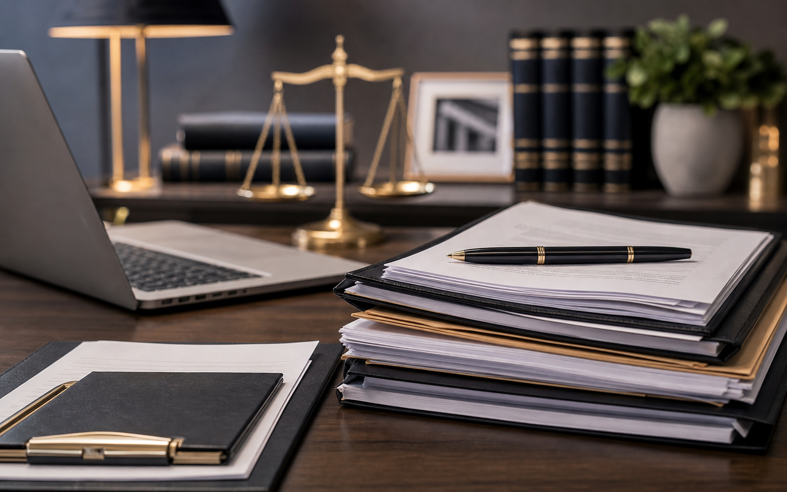 Documentos legales reales sobre una mesa de trabajo